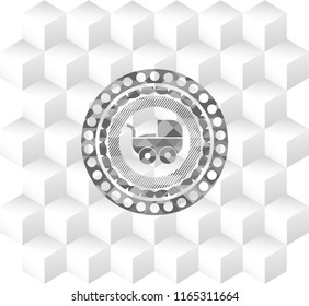 baby cart icon inside grey emblem with geometric cube white background