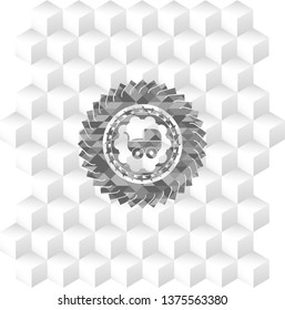baby cart icon inside grey emblem. Retro with geometric cube white background