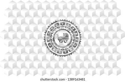 baby cart icon inside grey icon or emblem with geometric cube white background