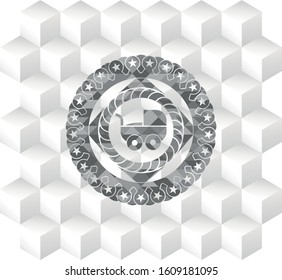 baby cart icon inside grey emblem. Retro with geometric cube white background