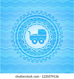 baby cart icon inside light blue water emblem.