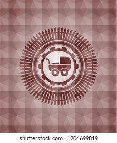 baby cart icon inside red emblem with geometric background. Seamless.