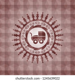 baby cart icon inside red emblem with geometric background. Seamless.