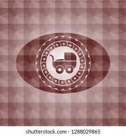 baby cart icon inside red seamless badge with geometric pattern background.