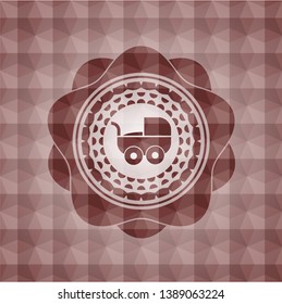 baby cart icon inside red emblem or badge with abstract geometric polygonal pattern background. Seamless.