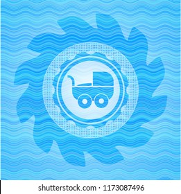 baby cart icon inside sky blue water wave emblem background.