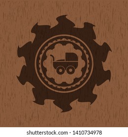 baby cart icon inside wooden emblem. Vintage.