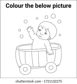 baby in the cart on white background. vector illustration. For pre school education, kindergarten and kids and children. Coloring page and books, outline