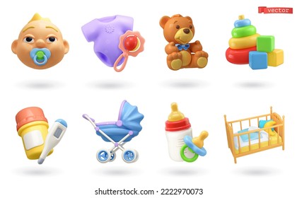 Juego de iconos de vector 3d de dibujos animados para bebés. Niño, ropa, oso, juguetes, medicina, cochecito, comida para bebés, cuna