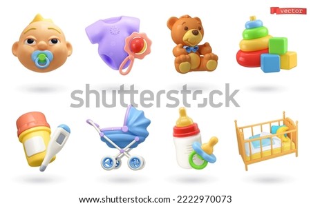 Baby cartoon 3d vector icon set. Child, clothes, bear, toys, medicine, stroller, baby food, cradle