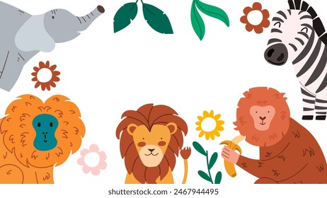 Baby cartoon background with funny animals. African wildlife frame with cute lion, monkey, elephant. Vector illustration. 