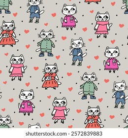 Baby cartoon background with kittens. Cats abstract pattern. Hand drawn animals, pets look like people. Cool cute repeating print for children's clothing fabric. Wallpaper for nursery, kindergarten.