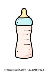 Botella de dibujos animados con un pacificador. Ilustración de doodle vectorial de una botella para alimentar a un recién nacido