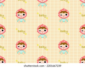 Baby Cartoon-Charakter nahtlos Muster auf gelbem Hintergrund.  Pixelstil