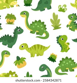 Baby cartoon dinosaurs seamless pattern. Herbivorous prehistoric dinosaurs and plants background for fabric, paper and other design. White background.