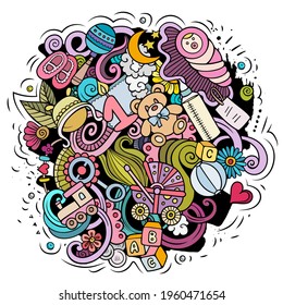 Baby cartoon doodle illustration. Funny children design. Creative art vector background. Baby boom elements and objects. Colorful composition