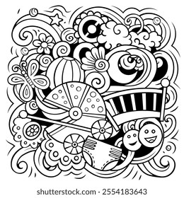Baby cartoon doodle illustration. Funny children design. Creative art vector background. Baby boom elements and objects. Line art composition