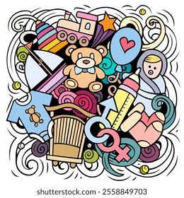 Baby cartoon doodle illustration. Funny children design. Creative art vector background. Baby boom elements and objects. Colorful composition