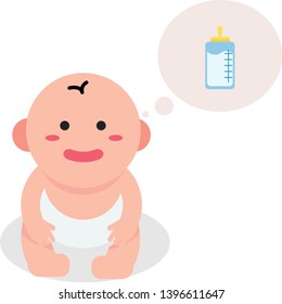 Baby cartoon hungry milk vector.Cute toddler with bubble and milk.