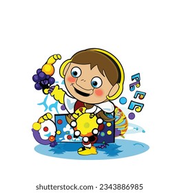 Baby Cartoon Orchestra Play Various Music. Cartoon Baby with Violin and Guitar. Funny Entertainment Party. Baby cartoon Instrument Acoustic Performance Flat Cartoon Vector Illustration