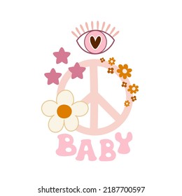 Baby  Cartoon peace sign  flower  eye  hand drawing lettering  décor elements  colorful vector illustration  retro style  design for cards  print  posters  logo  cover