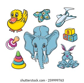 Baby cartoon toys set, vector isolated objects. No gradients. 