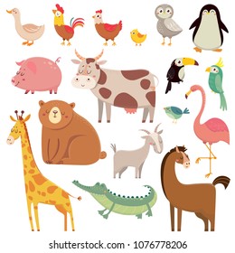 Baby cartoons wild bear, giraffe, crocodile, bird and domestic animals. Cute cartoon animal kids vector illustration set