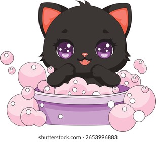Gato de bebê em banheira de banheira com bolhas vetor