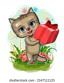 Baby Cat carries a gift to a friend. Red box with ribbon and bow. Summer meadow with flowers. Childrens illustration. Happy kid animal. Cartoon style. Isolated on white background. Vector.