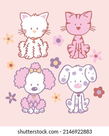 dibujos animados sobre el fondo de la flor del perro y del gato para bebés ilustraciones vectoriales adorables sobre gatitos y cachorros para niños camisetas, ranas, imprenta, afiche, invitación a la tarjeta de saludo, insignias, pegatinas, portadas de libros y tazas.