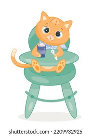 Baby cat with food. Cute animal sits on special chair with jar in one paw and fork in other. Graphic element for printing on fabric, sticker for social networks. Cartoon flat vector illustration