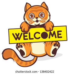 baby cat hold a welcome sign