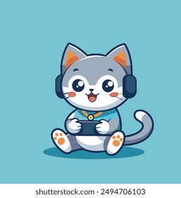 baby cat playing video game mascot isolated