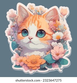 Baby Cat Surrounded by Flowers Sticker-Generative AI