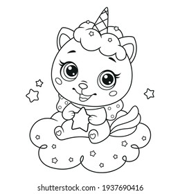 Baby cat unicorn with little star sitting on cloud. Caticorn coloring page for children