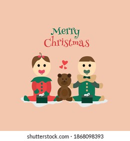 Baby Celebrate Cute Christmas With Gifts And Teddy Bear Vector