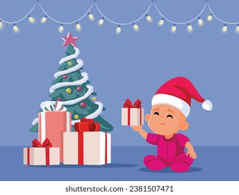 
Baby Celebrating Christmas Near the Tree Vector Cartoon Illustration. Happy infant enjoying xmas presents
