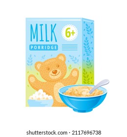 Baby cereal food box, bowl and spoon vector illustration. Carton porridge breakfast package icon. Oatmeal clipart pack with cute cartoon bear. Healthy corn flake packaging. Flat cereal food box design