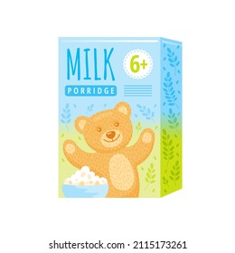 Baby Cereal Food Box Vector Illustration. Carton Porridge Breakfast Package Icon. Oatmeal Clipart Pack With Cute Cartoon Bear. Healthy Corn Flakes Packaging Isolated. Flat Cereal Food Box Design