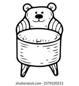 Baby chair with teddy bear. Hand drawn doodle. Kids room decor. Soft home furniture. Cute decoration. Childhood. Vector line art illustration.