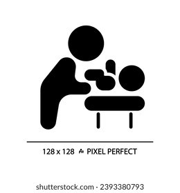 Baby changing room pixel perfect black glyph icon. Diaper table in public restroom. Convenience for children parents. Silhouette symbol on white space. Solid pictogram. Vector isolated illustration