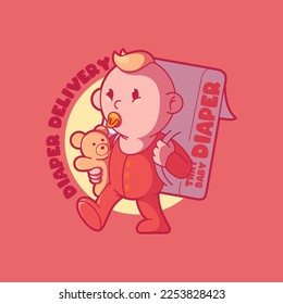 Baby character delivering diapers vector illustration. Business, brand, cute design concept.