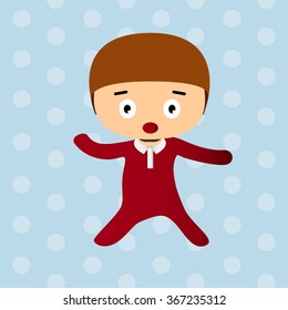 A baby character on light blue polka dot background, vector illustration.