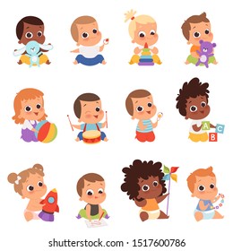 Baby characters. New born kids playing toys happy childhood small little one vector babies