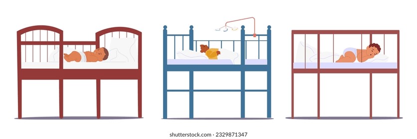 Baby Characters Sleeps Peacefully In A Secure Cot, Surrounded By Soft Bedding And A Comforting Environment, Providing A Safe And Cozy Space For Rest And Relaxation. Cartoon People Vector Illustration