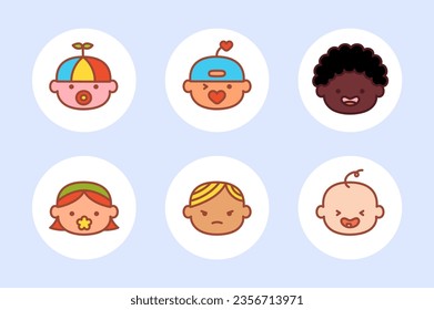 Kinderfiguren. Benutzersymbole von Babys verschiedener Nationalitäten auf hellem Hintergrund. Cartoon-Flachstil. Neugeborene Kinder, kleine kleine, einvektor Babys. Icons Baby Kind Neugeborene. Helle Porträts