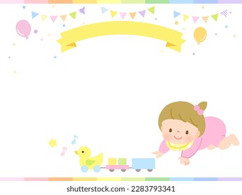 Baby cheerfully playing with toys and design background