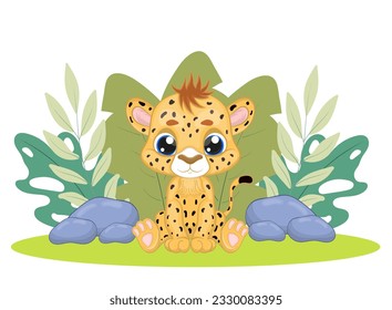 Baby cheetah sitting on grass vector illustration. Cartoon style character. Happy baby cheetah, Perfect illustration for t-shirt wear fashion print design, greeting card, baby shower, party invitation