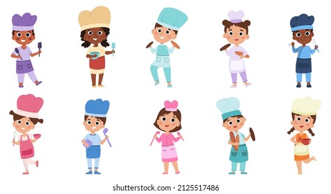 Baby chefs characters, young professionals wear cook uniform. Kids cooking food at kitchen vector illustration set. Lil chefs in uniforms and caps. Boys and girls holding equipments as whisk, spatula