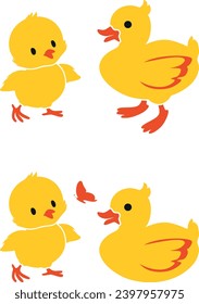 Baby chick and duckling playing with butterfly. Vector